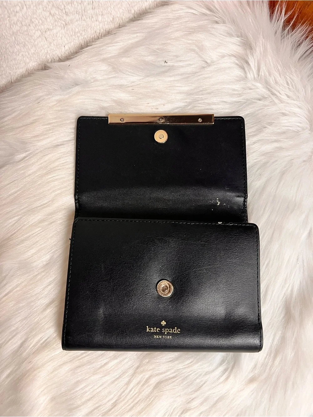 kate spade Black Leather Wallet with Gold Bar Accent